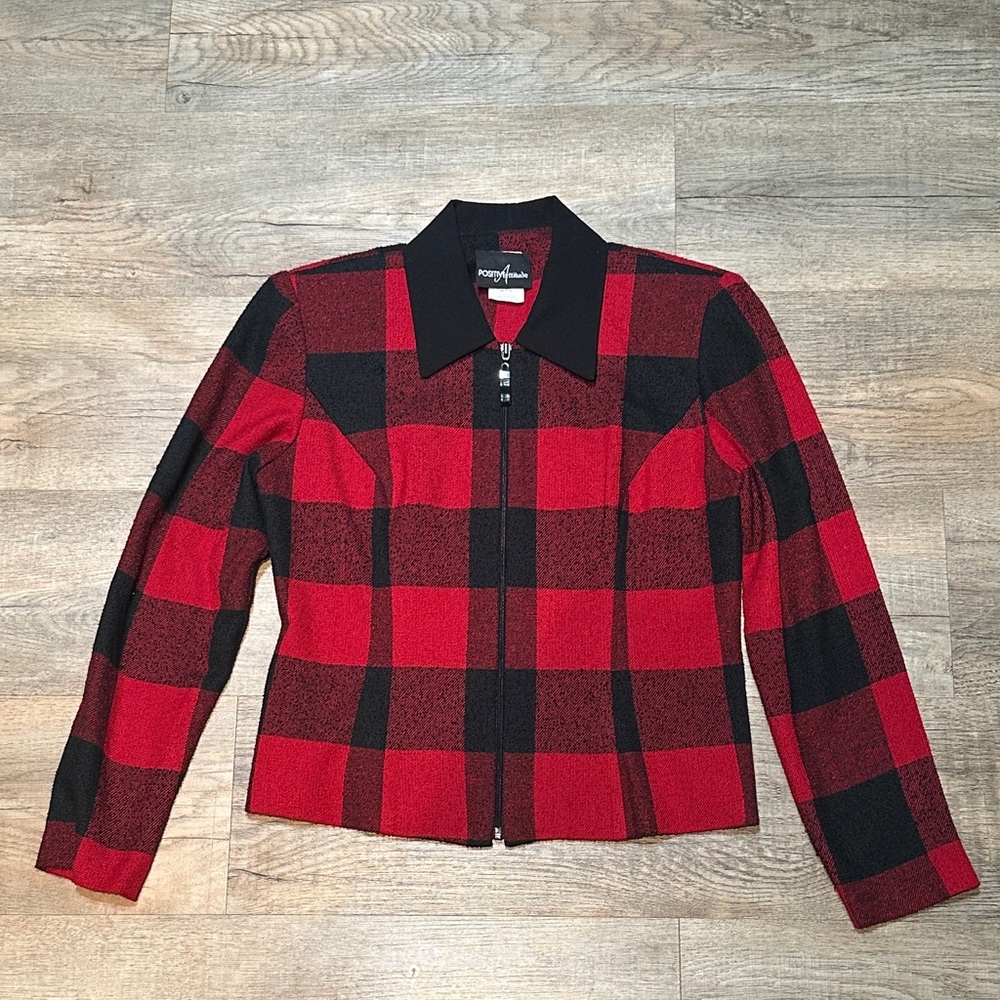 Positive Attitude Red and Black Plaid Bomber Jacket Size 6
